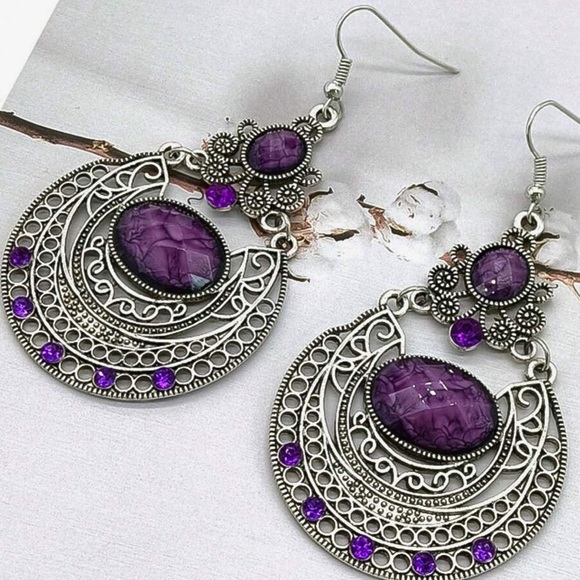 GlitzBlitz Boutique Jewelry - Any 4/$25! Antiqued Silver Purple Gem Boho Earrings